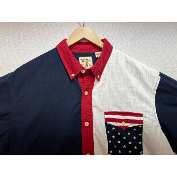 Redhead Mens Button Down Shirt Short Sleeve Sz XL Blue White American Flag Stars - Picture 4 of 12